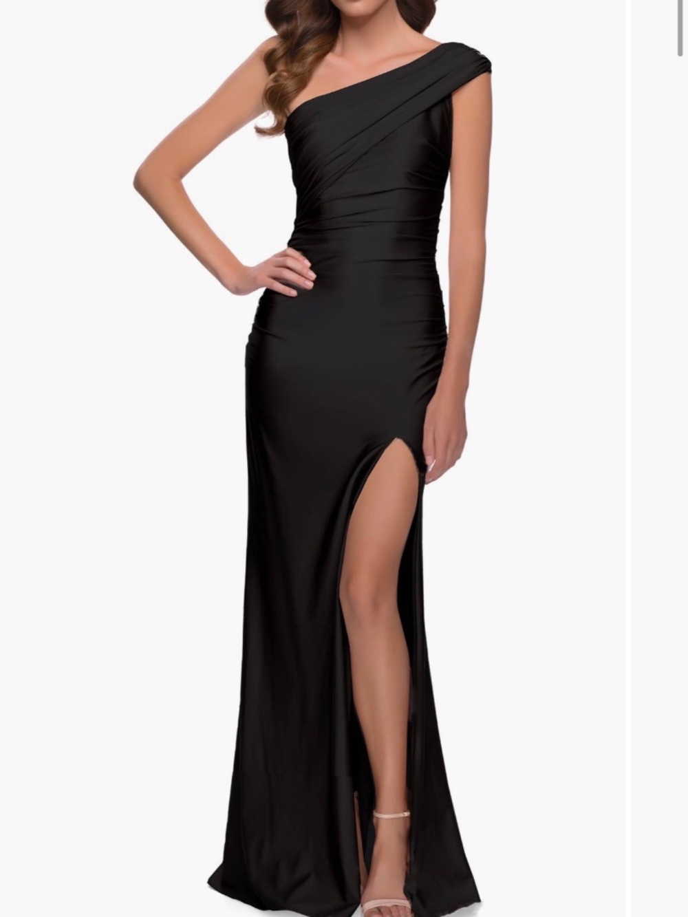 LA FEMME Black Ruched One Shoulder Jersey Gown  Dress Size 6 (BUT RUNS SMALL).